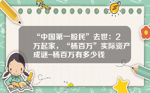 “中国第一股民”去世：2万起家，“杨百万”实际资产成谜-杨百万有多少钱