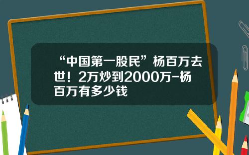 “中国第一股民”杨百万去世！2万炒到2000万-杨百万有多少钱
