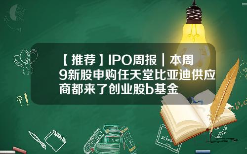 【推荐】IPO周报｜本周9新股申购任天堂比亚迪供应商都来了创业股b基金