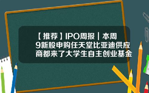 【推荐】IPO周报｜本周9新股申购任天堂比亚迪供应商都来了大学生自主创业基金